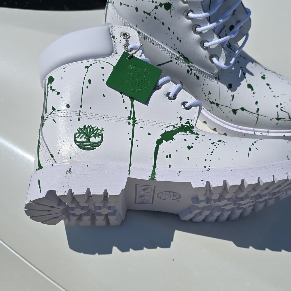 Mens New Limited Custom Timberland White and Green Splatter Boots